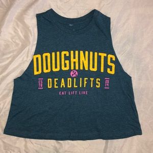Turquoise Doughnuts & Deadlifts cropped tank
